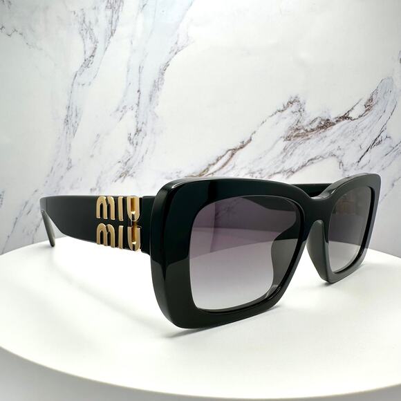 New MIU MIU Sunglasses Black Square Acetate Gold Metal Logo Italy Authentic - Picture 4 of 16